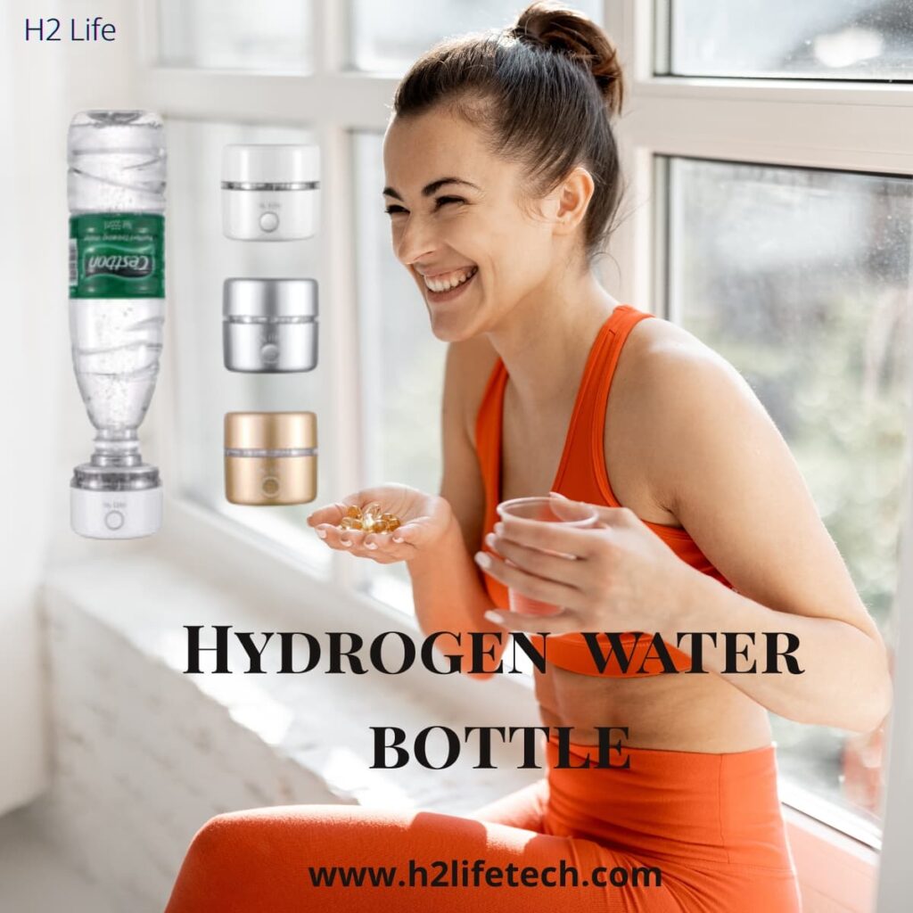 Hydrogen water bottle for healthy hydration" "Portable hydrogen water generator bottle on a kitchen counter" "Modern hydrogen water bottle with LED display" "Hydrogen-infused water bottle for daily wellness