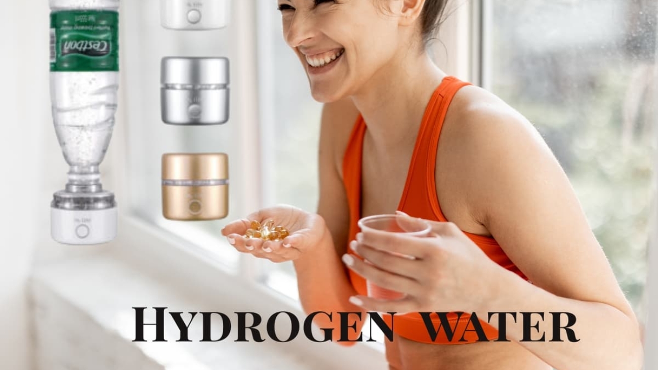 Hydrogen water bottle for healthy hydration" "Portable hydrogen water generator bottle on a kitchen counter" "Modern hydrogen water bottle with LED display" "Hydrogen-infused water bottle for daily wellness