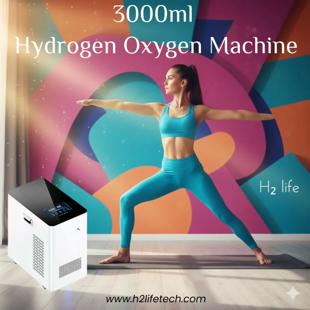 Main Header/Promo Image: A professional woman in blue yoga attire performing a warrior pose in a colorful, creative fitness studio with the H2 Life 3000ml Hydrogen Oxygen Machine in the foreground. Interior Lifestyle Image: High-capacity H2 Life hydrogen inhalation machine positioned in a bright, modern living room with natural sunlight, indoor plants, and a minimalist interior design.