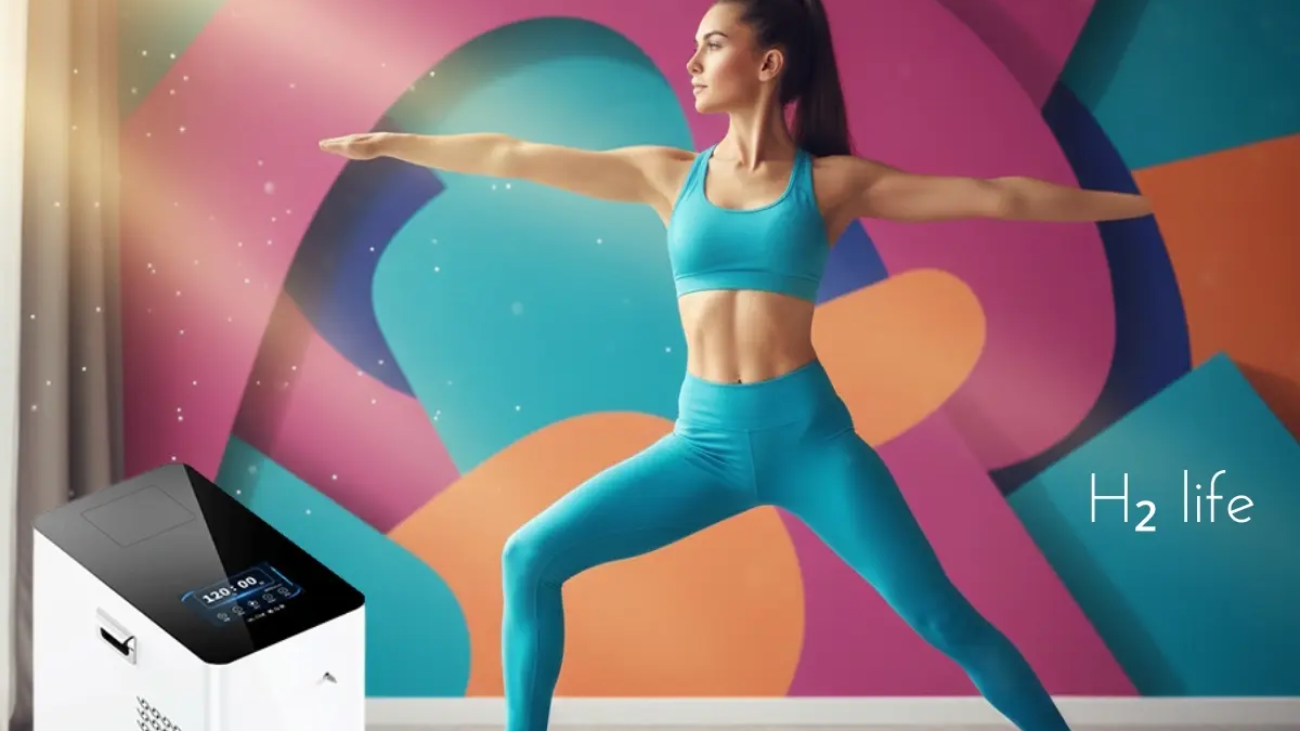 Main Header/Promo Image: A professional woman in blue yoga attire performing a warrior pose in a colorful, creative fitness studio with the H2 Life 3000ml Hydrogen Oxygen Machine in the foreground. Interior Lifestyle Image: High-capacity H2 Life hydrogen inhalation machine positioned in a bright, modern living room with natural sunlight, indoor plants, and a minimalist interior design.