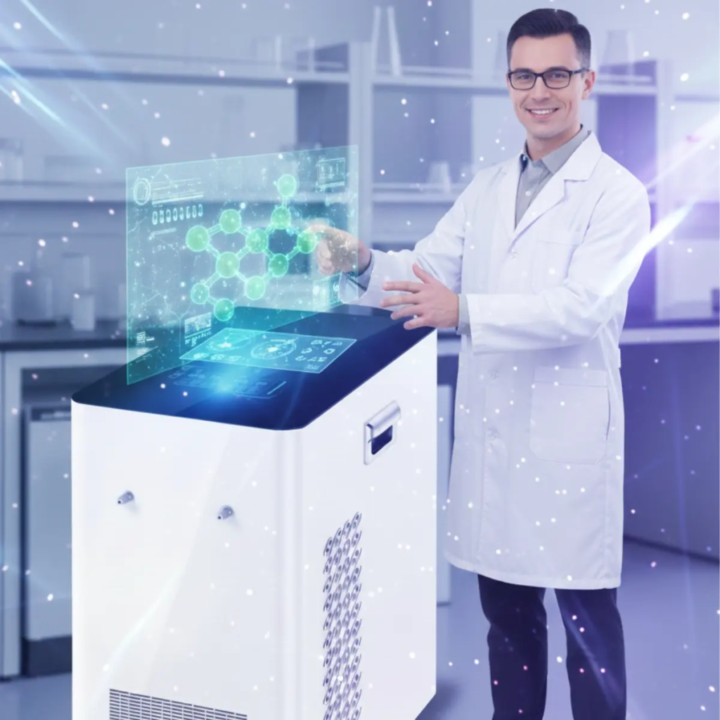Hydrogen Oxygen Therapy; A young man using a futuristic hydrogen-oxygen therapy machine in a modern 2026 wellness clinic