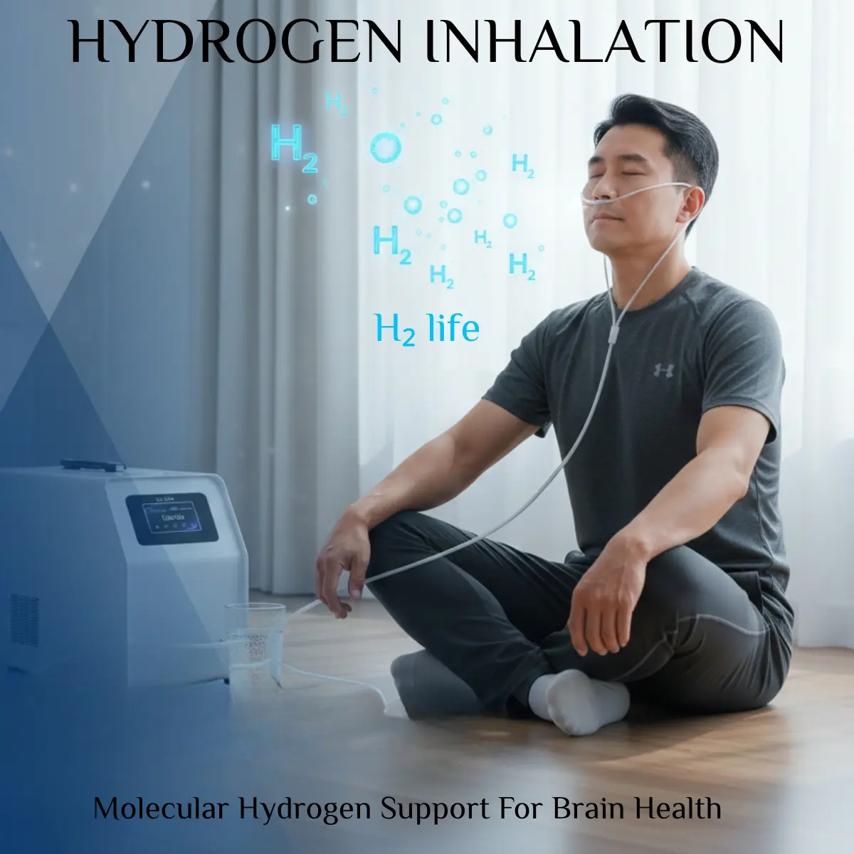 A woman sitting calmly in a professional office, inhaling molecular hydrogen through a nasal cannula connected to a sleek white hydrogen generator on a wooden table.