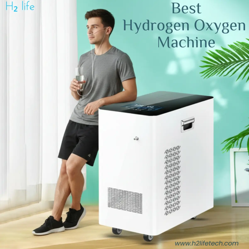 hydrogen oxygen ;A professional lifestyle photograph of a young man in athletic wear standing in a bright, modern room. He is leaning against a sleek, white medical-grade hydrogen inhalation machine with a digital touch display. He is wearing a nasal cannula connected to the device and holding a glass of clear water, looking calmly out of a window. A large green palm leaf and a minimalist side table with a hydrogen water bottle are in the background