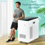 hydrogen oxygen ;A professional lifestyle photograph of a young man in athletic wear standing in a bright, modern room. He is leaning against a sleek, white medical-grade hydrogen inhalation machine with a digital touch display. He is wearing a nasal cannula connected to the device and holding a glass of clear water, looking calmly out of a window. A large green palm leaf and a minimalist side table with a hydrogen water bottle are in the background