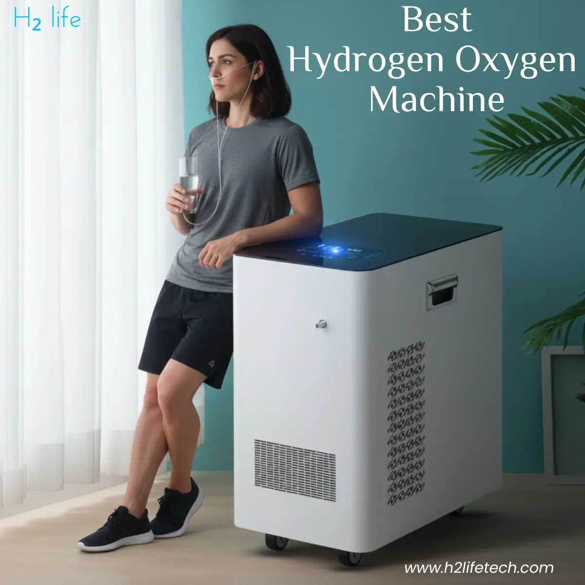 A professional lifestyle photograph of a young man in athletic wear standing in a bright, modern room. He is leaning against a sleek, white medical-grade hydrogen inhalation machine with a digital touch display. He is wearing a nasal cannula connected to the device and holding a glass of clear water, looking calmly out of a window. A large green palm leaf and a minimalist side table with a hydrogen water bottle are in the background