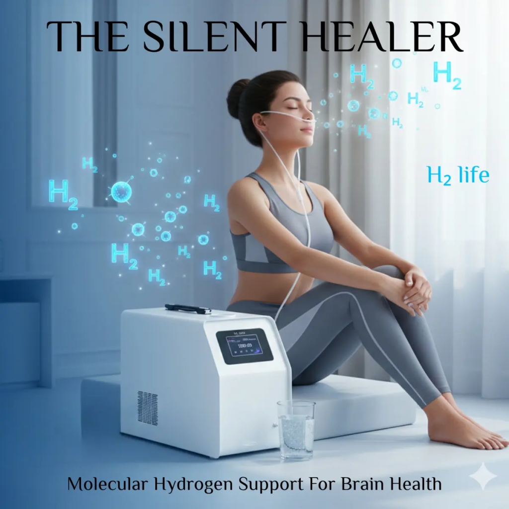 A woman sitting calmly in a professional office, inhaling molecular hydrogen through a nasal cannula connected to a sleek white hydrogen generator on a wooden table; molecular hydrogen