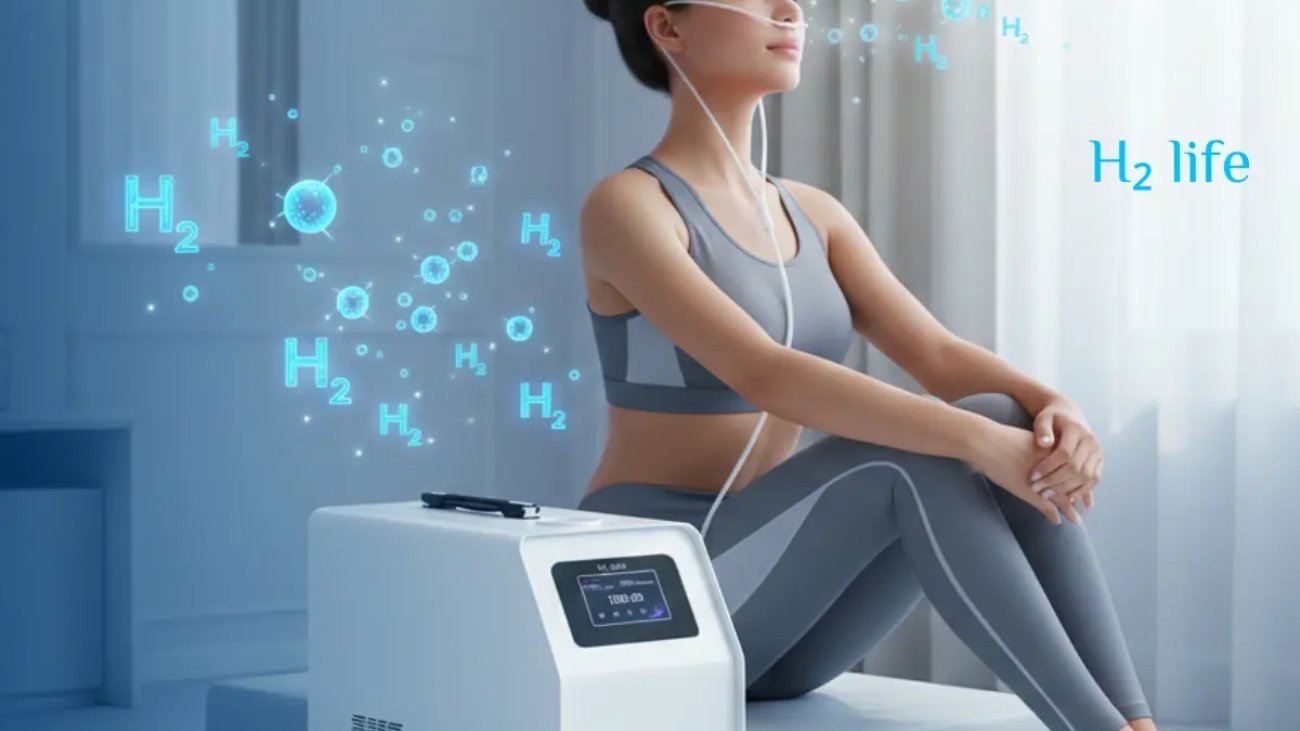 A woman sitting calmly in a professional office, inhaling molecular hydrogen through a nasal cannula connected to a sleek white hydrogen generator on a wooden table; molecular hydrogen