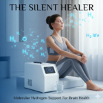 A woman sitting calmly in a professional office, inhaling molecular hydrogen through a nasal cannula connected to a sleek white hydrogen generator on a wooden table; molecular hydrogen