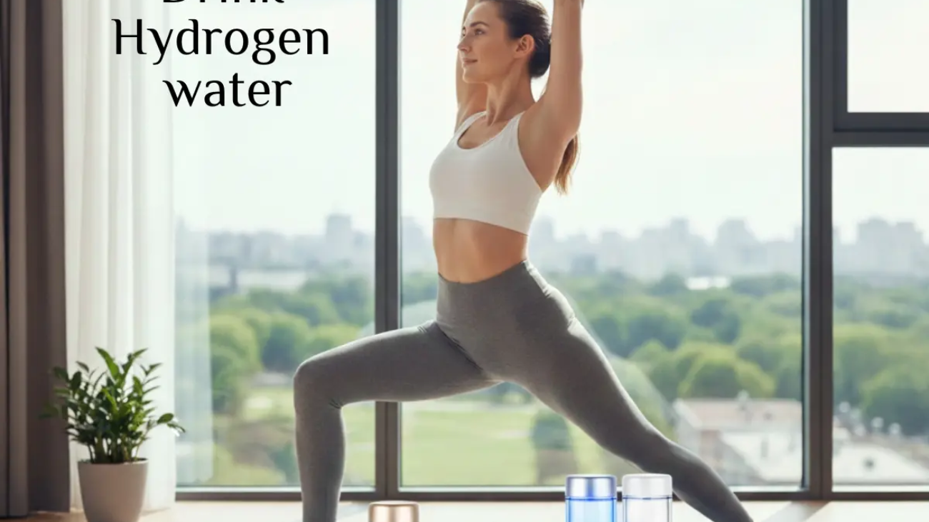 A female model practicing yoga in a bright, modern living room with a premium hydrogen water bottle from H2 Life in the foreground, showing blue antioxidant bubbles and a high-tech design.