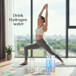 A female model practicing yoga in a bright, modern living room with a premium hydrogen water bottle from H2 Life in the foreground, showing blue antioxidant bubbles and a high-tech design.