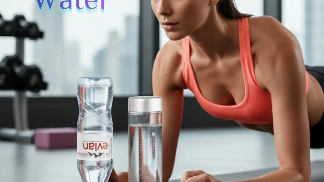 hydrogen water; A medium shot of a woman with dark hair tied in a ponytail, wearing a peach-colored sports bra, holding a forearm plank on a black yoga mat in a high-end gym. In the foreground, two H2 Life hydrogen water devices are displayed: one with an inverted Evian bottle attached and another as a standalone glass cylinder, both glowing with blue and purple LED lights at the base. The background features floor-to-ceiling windows overlooking a soft-focus city skyline, with dumbbells and gym equipment visible to the left. The text "Drink Hydrogen Water" is written in the top left corner in a blue and purple gradient, and the "H2 life" logo is in the bottom right corner.