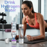 hydrogen water; A medium shot of a woman with dark hair tied in a ponytail, wearing a peach-colored sports bra, holding a forearm plank on a black yoga mat in a high-end gym. In the foreground, two H2 Life hydrogen water devices are displayed: one with an inverted Evian bottle attached and another as a standalone glass cylinder, both glowing with blue and purple LED lights at the base. The background features floor-to-ceiling windows overlooking a soft-focus city skyline, with dumbbells and gym equipment visible to the left. The text "Drink Hydrogen Water" is written in the top left corner in a blue and purple gradient, and the "H2 life" logo is in the bottom right corner.
