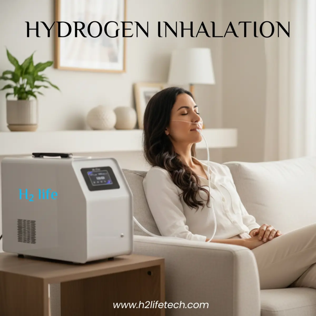 hydrogen oxygen ;A promotional image for "H2 life" showing a woman reclining comfortably on a white sofa with her eyes closed, using a nasal cannula for hydrogen inhalation. To her left sits a white, sleek medical-grade hydrogen generator machine with a digital display. The text "HYDROGEN INHALATION" is written in the top left, and a website URL is at the bottom right.