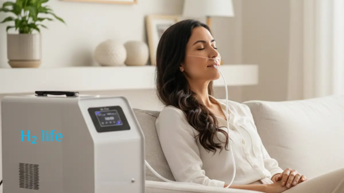 hydrogen oxygen ;A promotional image for "H2 life" showing a woman reclining comfortably on a white sofa with her eyes closed, using a nasal cannula for hydrogen inhalation. To her left sits a white, sleek medical-grade hydrogen generator machine with a digital display. The text "HYDROGEN INHALATION" is written in the top left, and a website URL is at the bottom right.