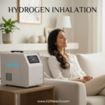 hydrogen oxygen ;A promotional image for "H2 life" showing a woman reclining comfortably on a white sofa with her eyes closed, using a nasal cannula for hydrogen inhalation. To her left sits a white, sleek medical-grade hydrogen generator machine with a digital display. The text "HYDROGEN INHALATION" is written in the top left, and a website URL is at the bottom right.