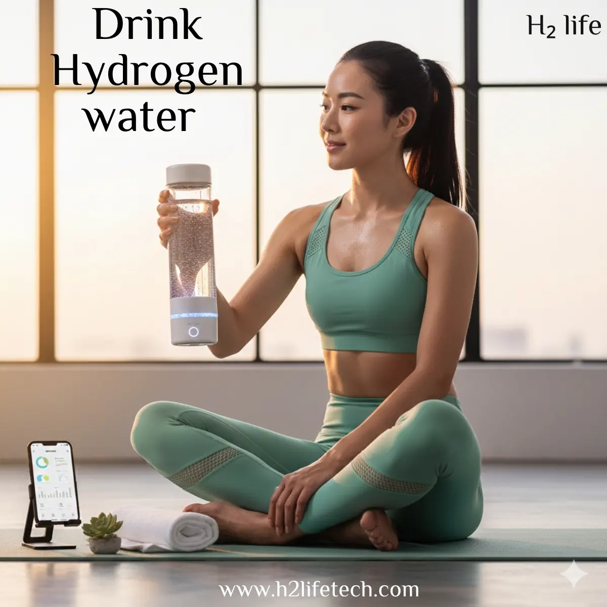 A high-energy fitness scene featuring a female athlete with a braided hairstyle sitting on a gym floor, drinking from a high-tech molecular hydrogen water bottle with a blue LED glowing base. She is wearing a grey and teal athletic top and leggings against a vibrant, multi-colored splash-style canvas background. In the foreground, a portable hydrogen generator base is attached to a water bottle, alongside a white towel and gym equipment, illustrating 2026 biohacking and wellness trends