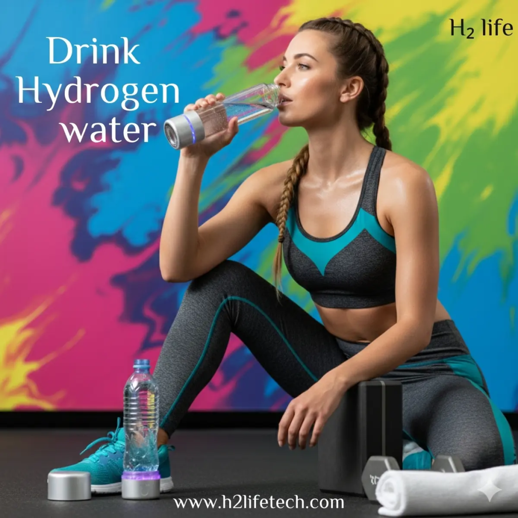 A high-energy fitness scene featuring a female athlete with a braided hairstyle sitting on a gym floor, drinking from a high-tech molecular hydrogen water bottle with a blue LED glowing base. She is wearing a grey and teal athletic top and leggings against a vibrant, multi-colored splash-style canvas background. In the foreground, a portable hydrogen generator base is attached to a water bottle, alongside a white towel and gym equipment, illustrating 2026 biohacking and wellness trends