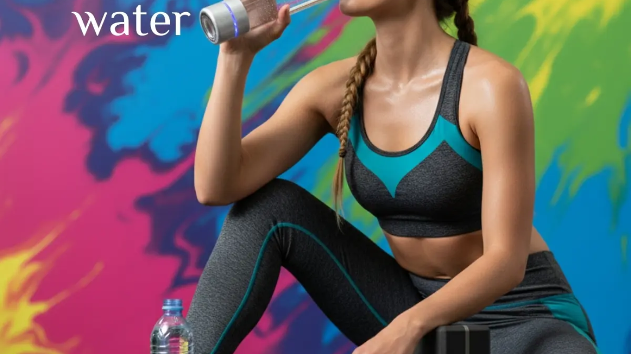 A high-energy fitness scene featuring a female athlete with a braided hairstyle sitting on a gym floor, drinking from a high-tech molecular hydrogen water bottle with a blue LED glowing base. She is wearing a grey and teal athletic top and leggings against a vibrant, multi-colored splash-style canvas background. In the foreground, a portable hydrogen generator base is attached to a water bottle, alongside a white towel and gym equipment, illustrating 2026 biohacking and wellness trends